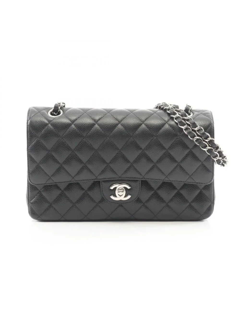 Chanel Shoulder Bag Quilted Double Flap Black Caviar Leather Chain